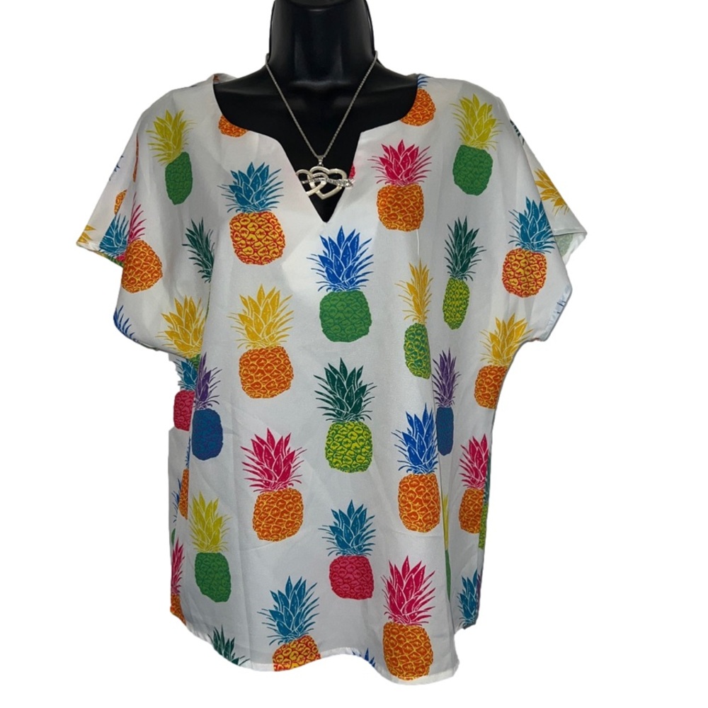 SHEIN Pineapple Print Notched Neckline Batwing Sleeve Blouse size small